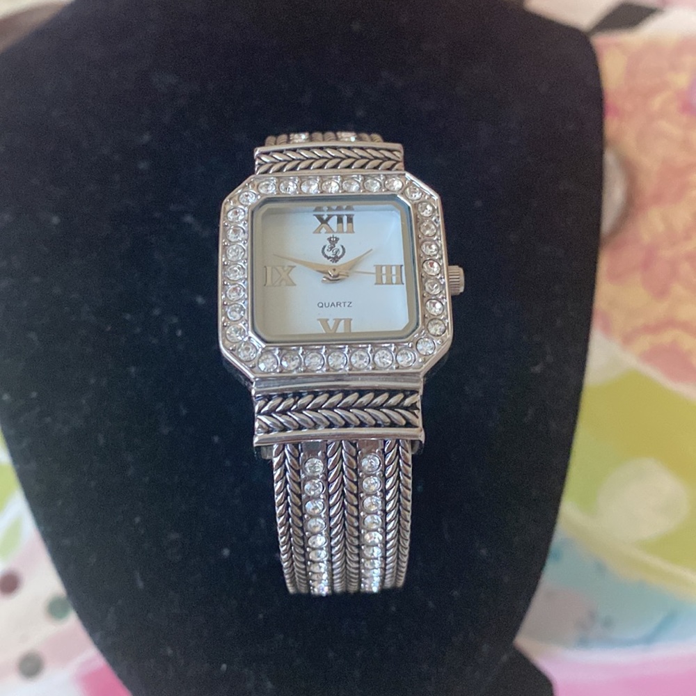 Vintage Premier Designs Watch Hinged Cuff Band Rhinestones